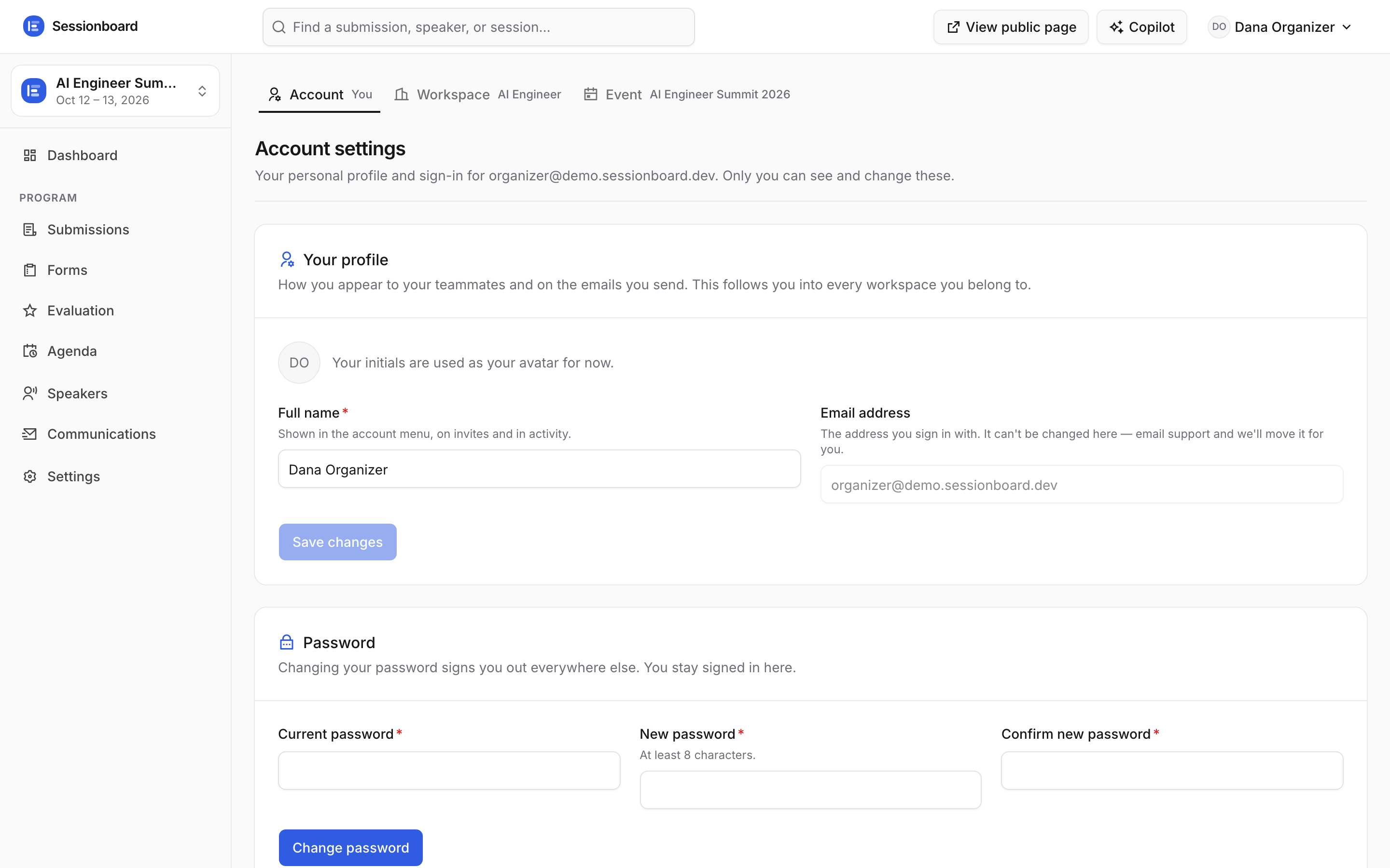 The Account settings page with profile and password cards