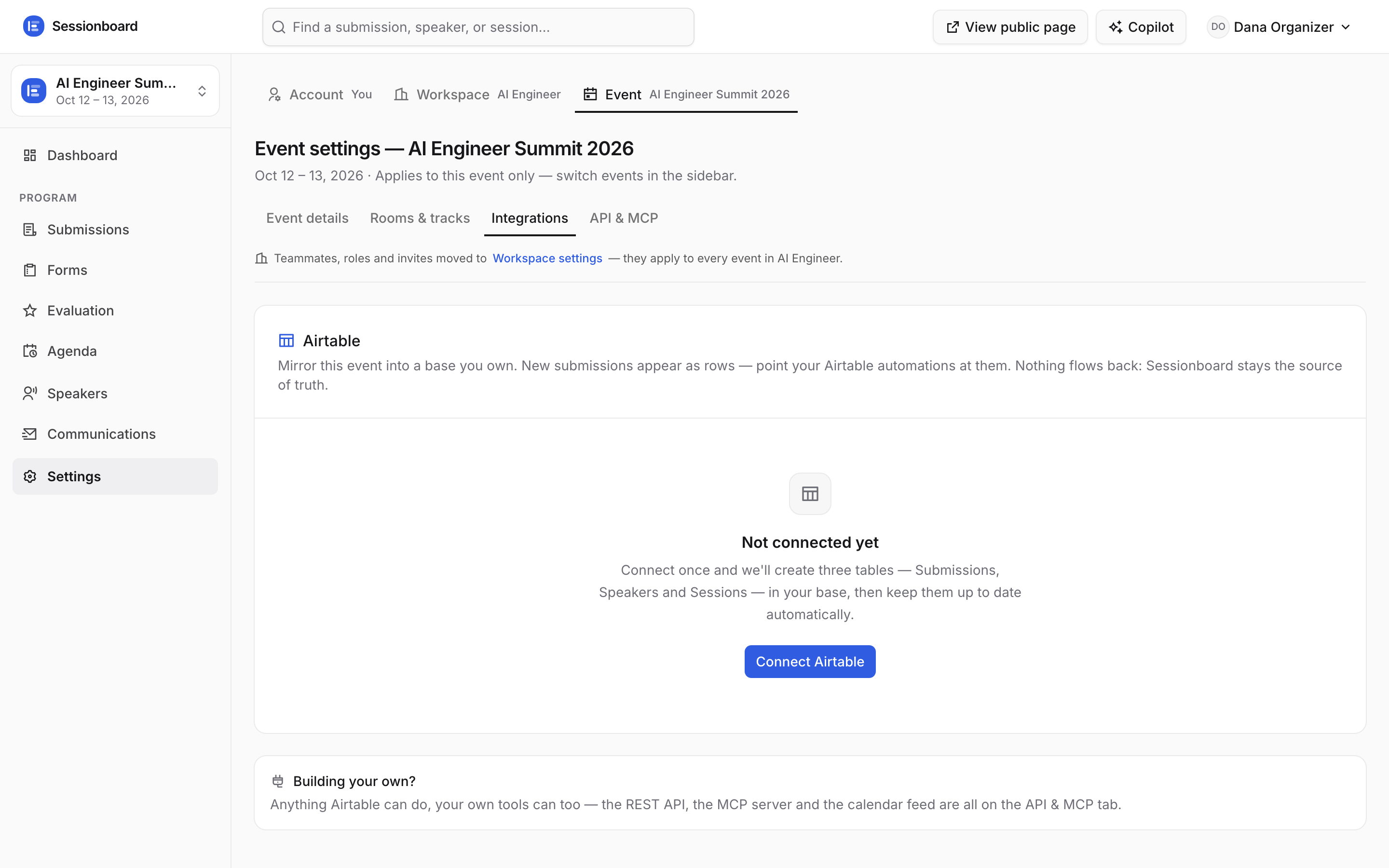 The Integrations settings page with the Airtable card