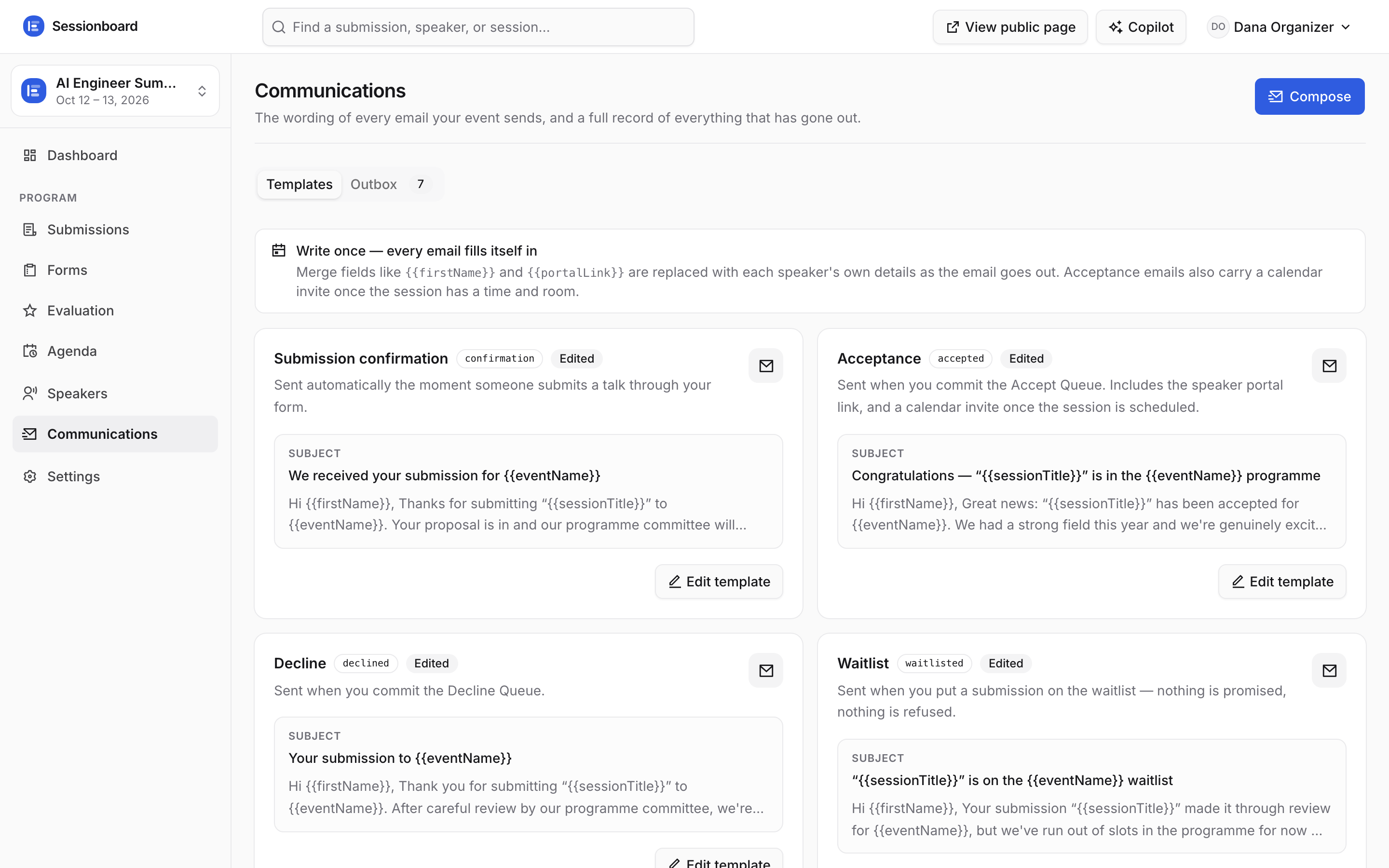 The Communications page showing email templates