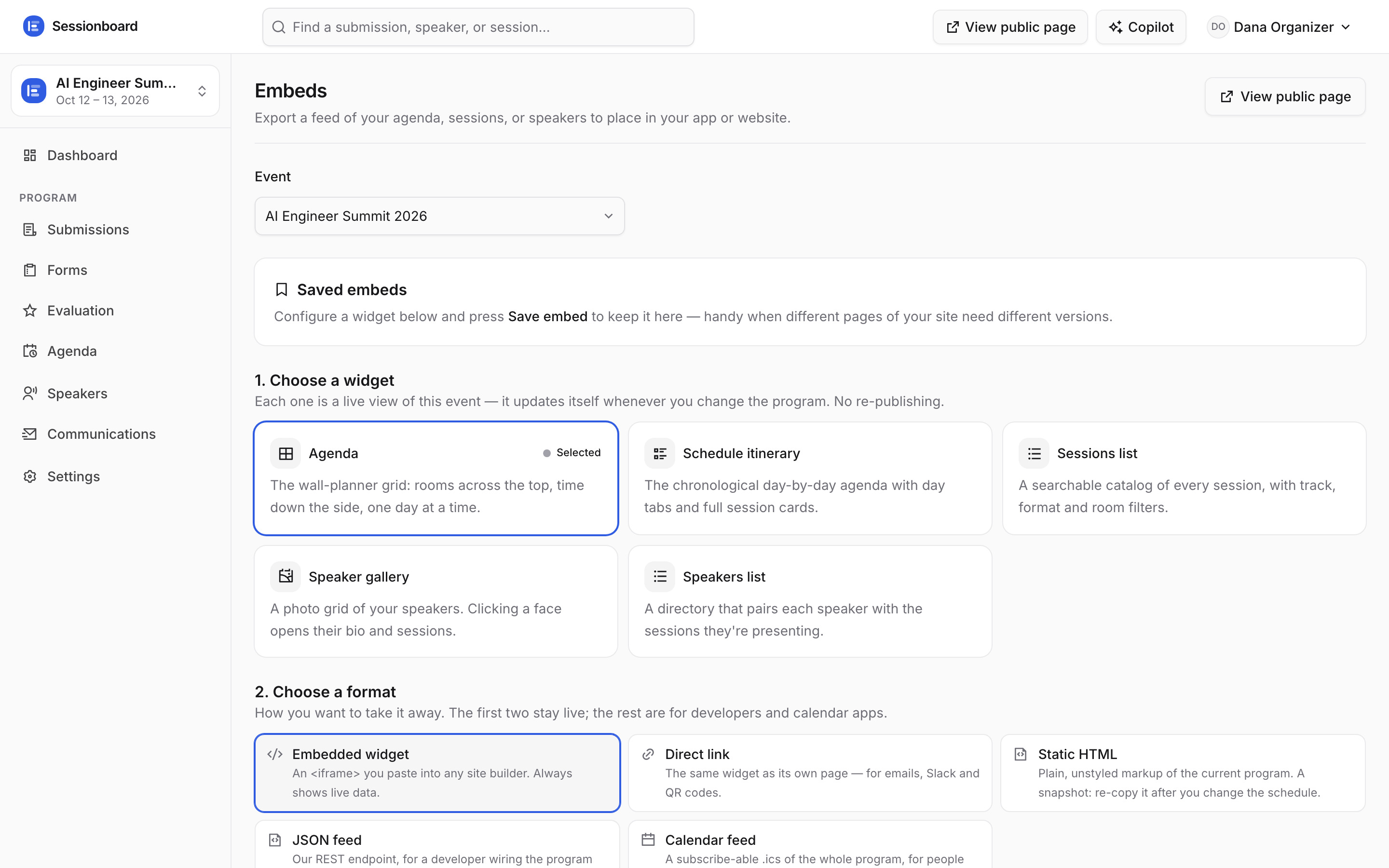 The Embeds page with widget, format and display options