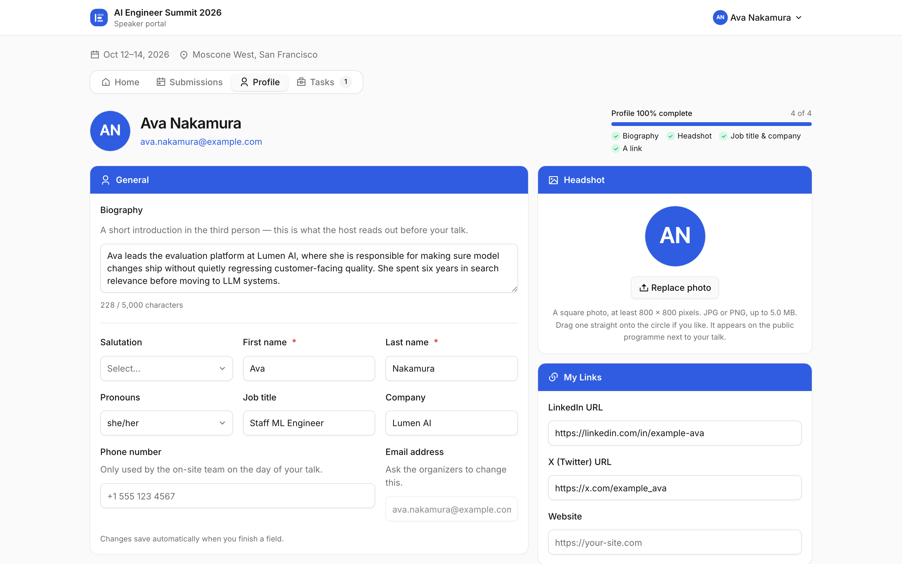 The speaker portal Profile tab with bio, headshot and links