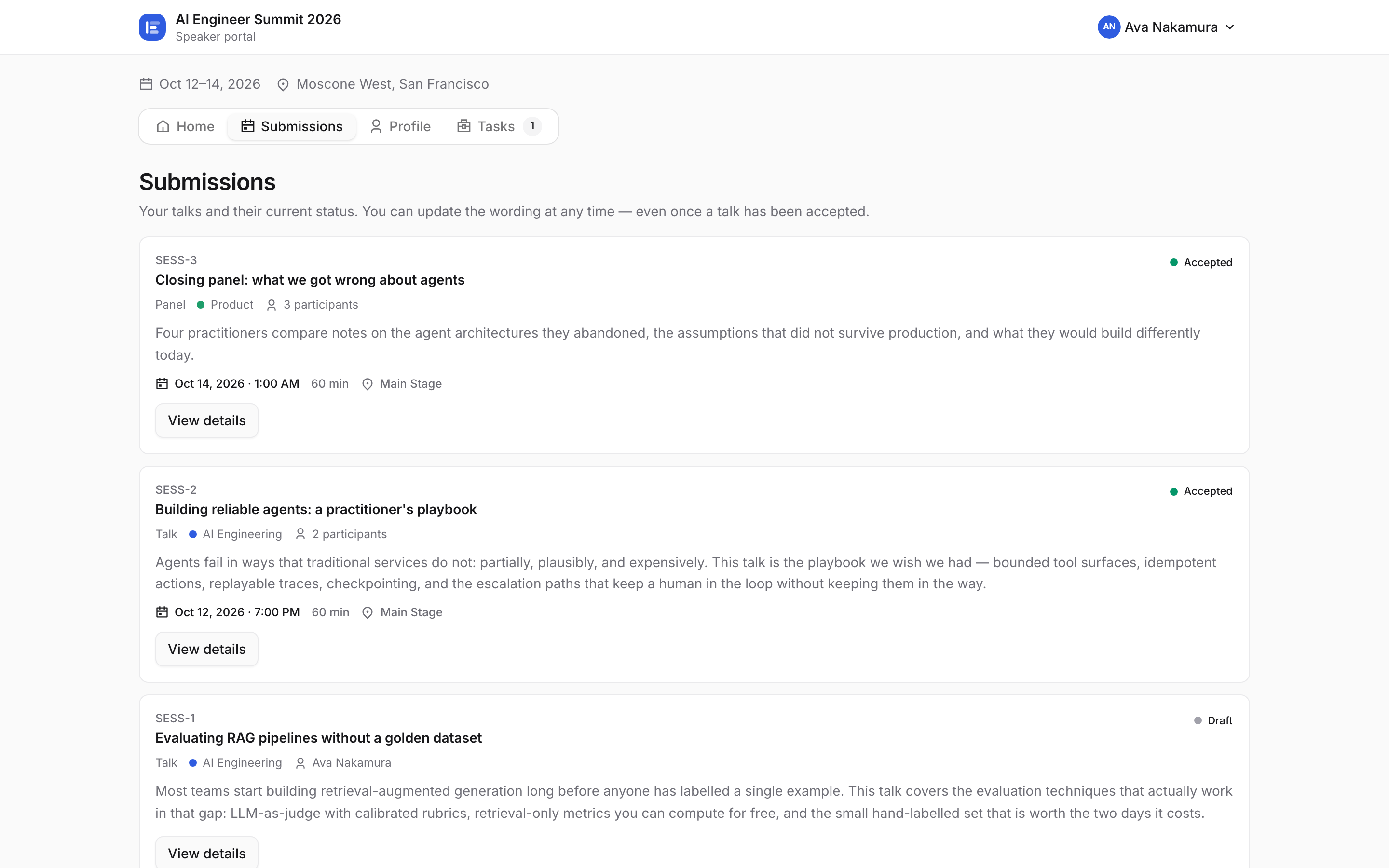 The speaker portal Submissions tab for a speaker with several proposals