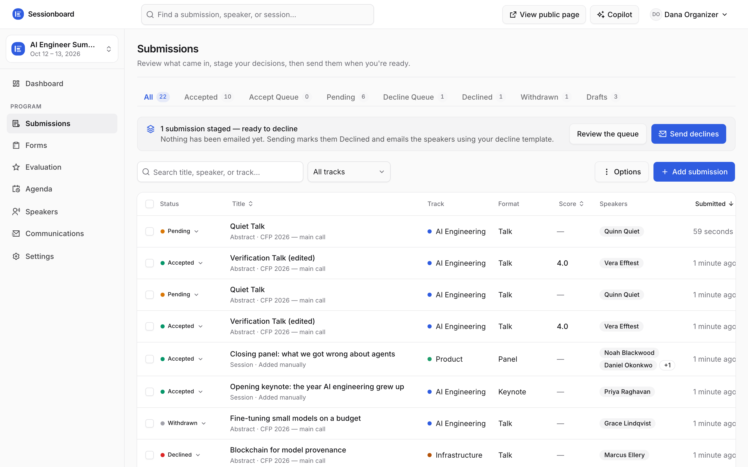 A submissions table for a large event with many proposals across every status