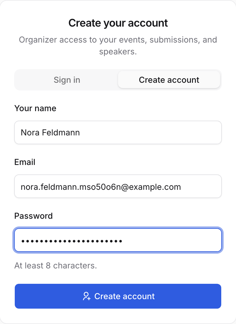 The Trackstage sign-up card filled in with a name, email and password