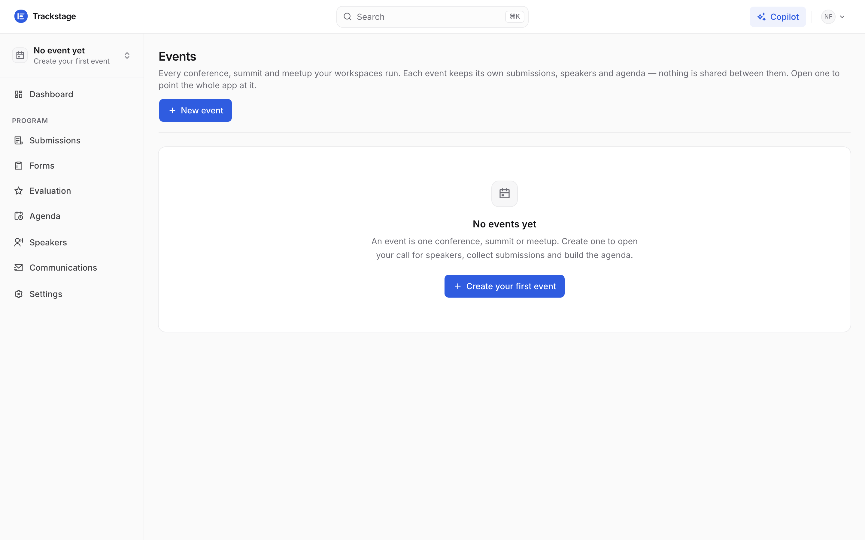 A brand-new workspace with no events yet and a Create your first event button