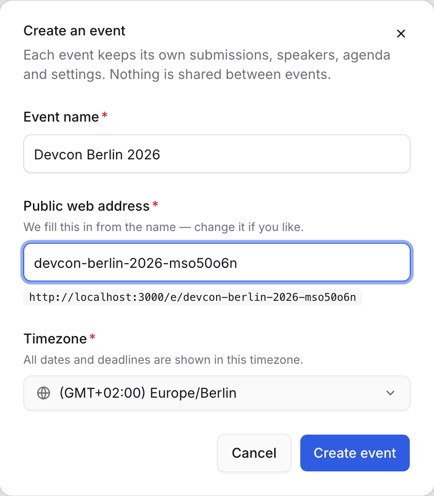 The New event dialog with the name Devcon Berlin 2026 and a matching web address