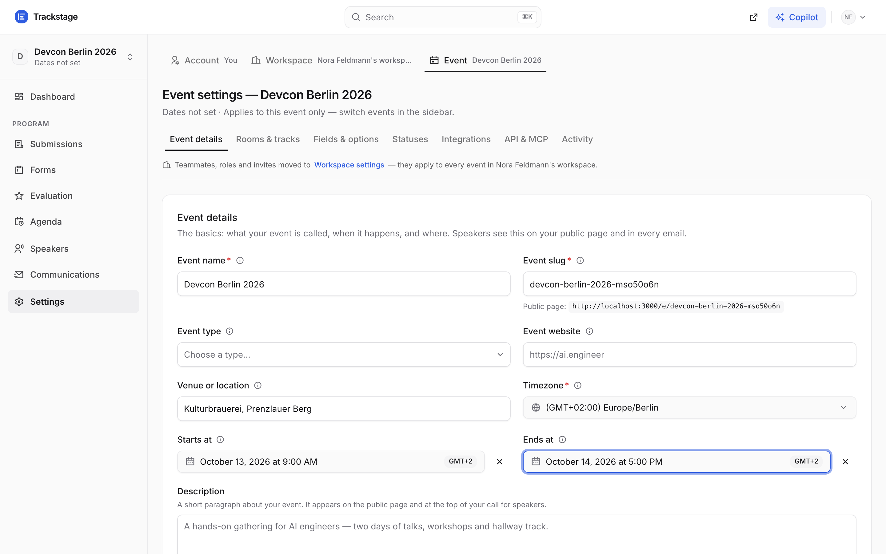 Event settings for Devcon Berlin 2026 with dates, timezone and venue filled in