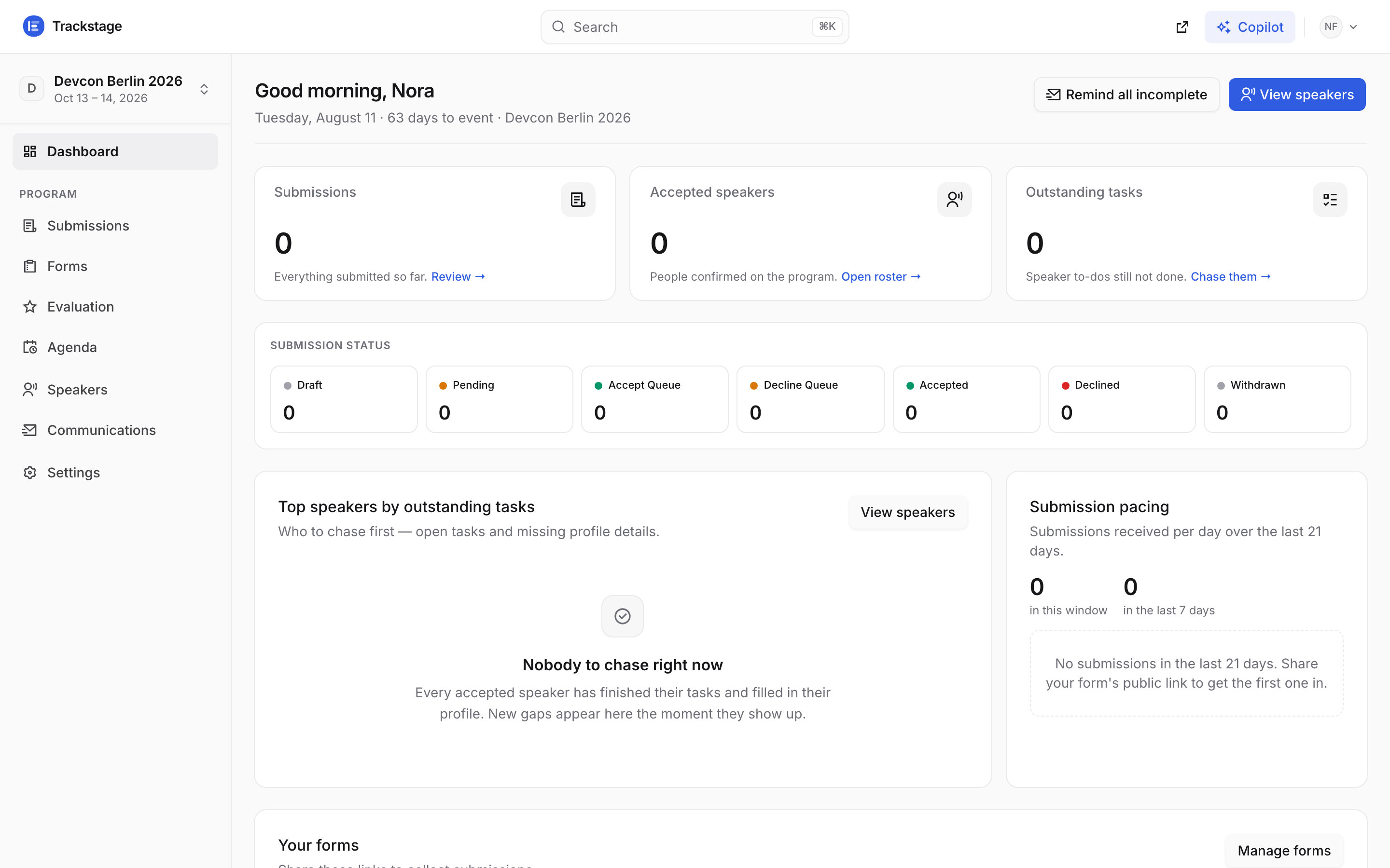 The Devcon Berlin 2026 dashboard on day one, with empty counts and a next step