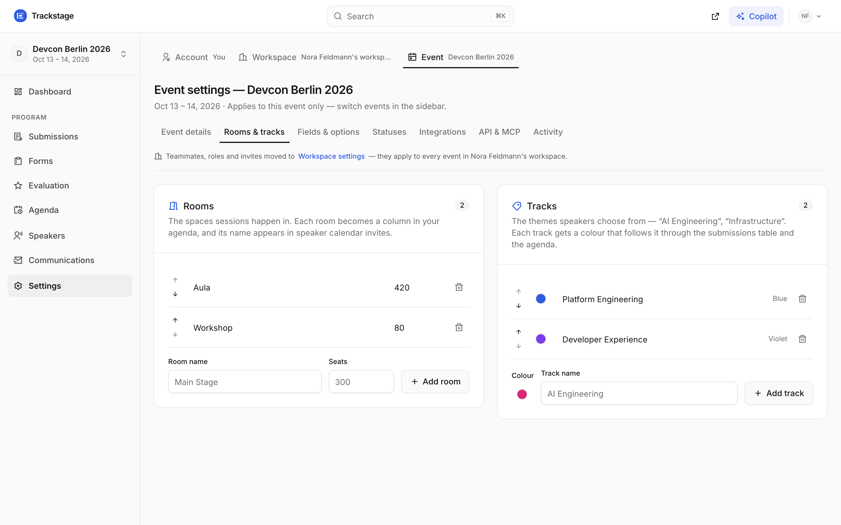 Rooms and tracks for Devcon Berlin 2026: the Aula and Workshop rooms, and two coloured tracks