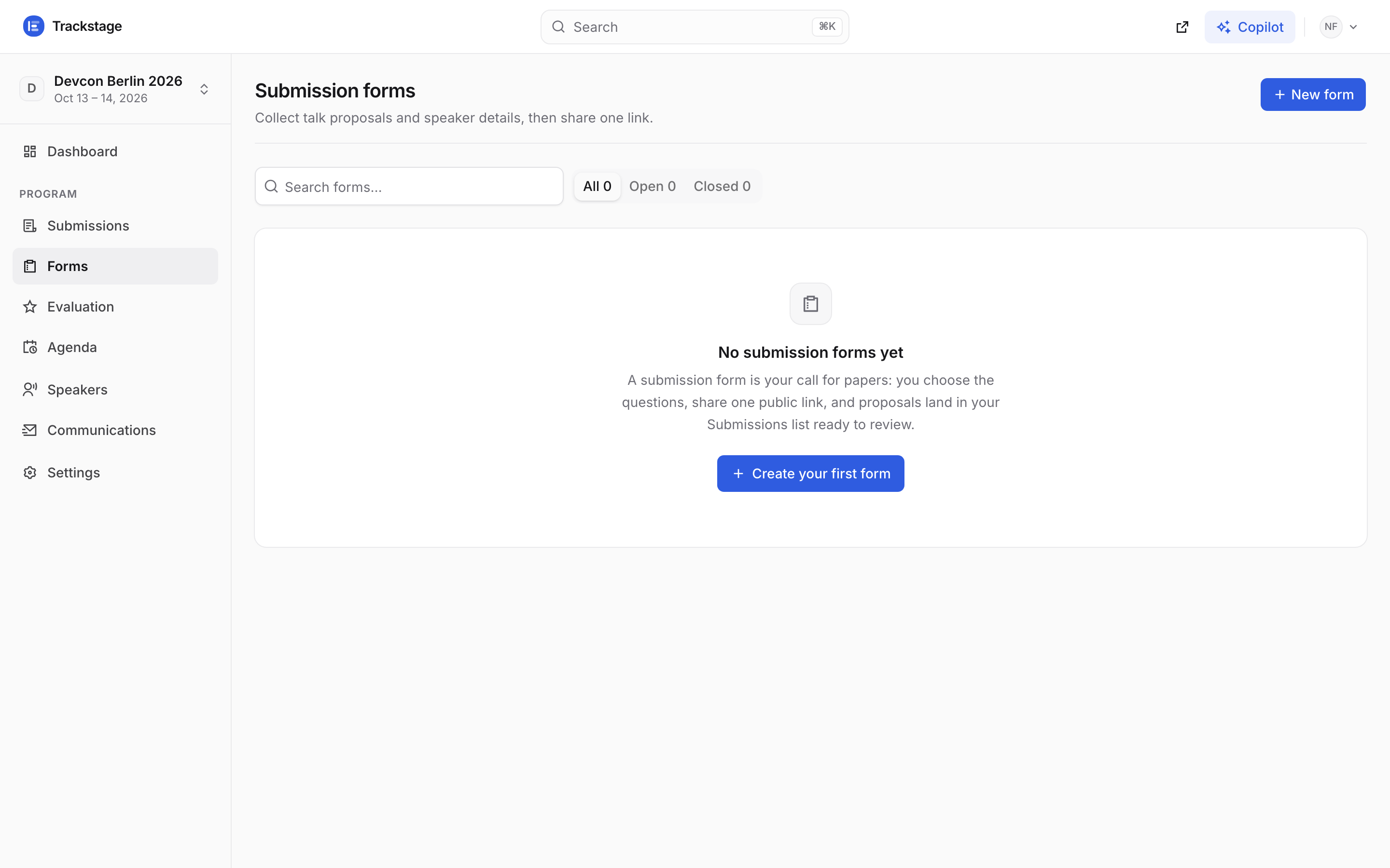 The Forms page for Devcon Berlin 2026 with no forms yet