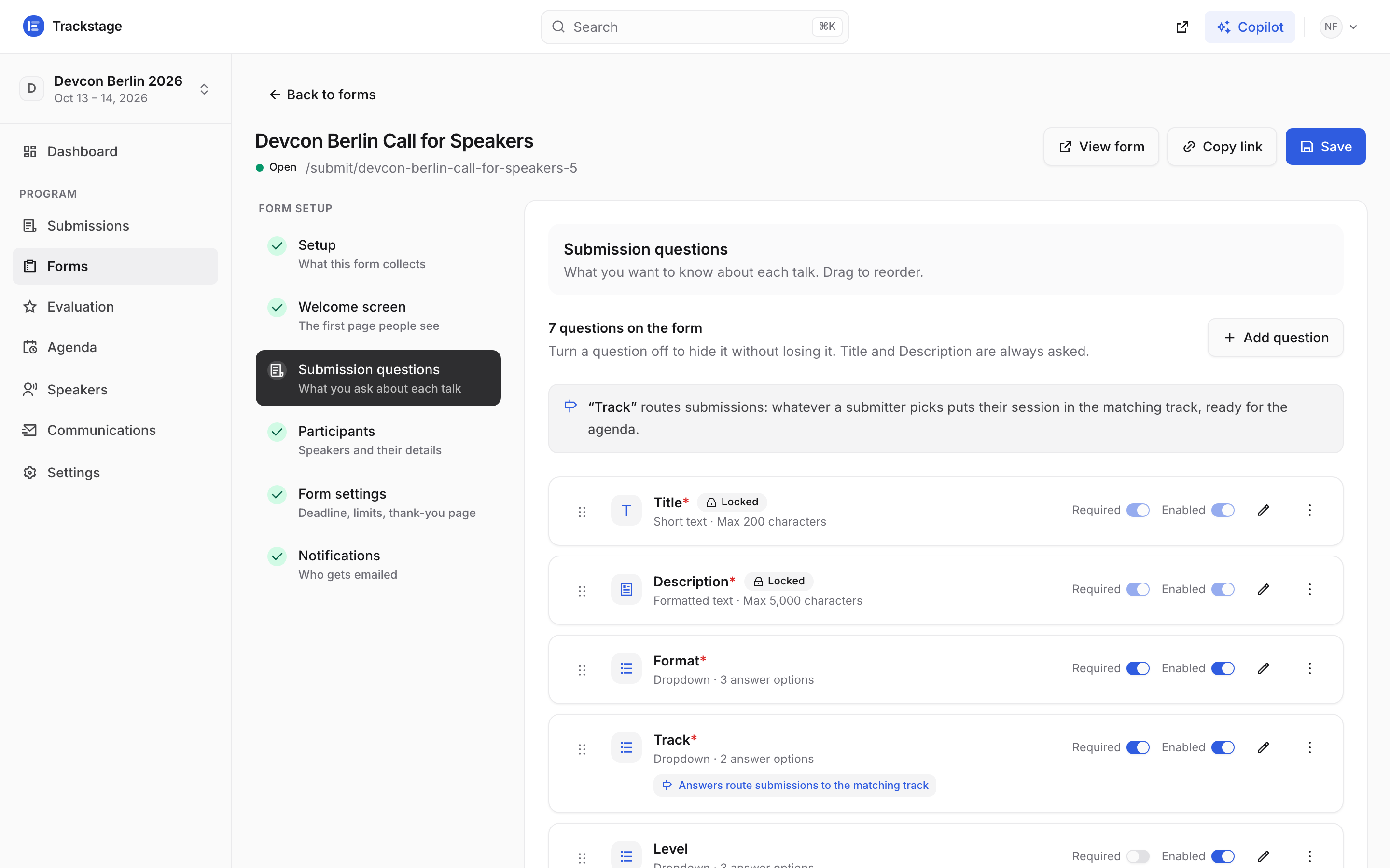 The Submission questions step of the Devcon Berlin form builder
