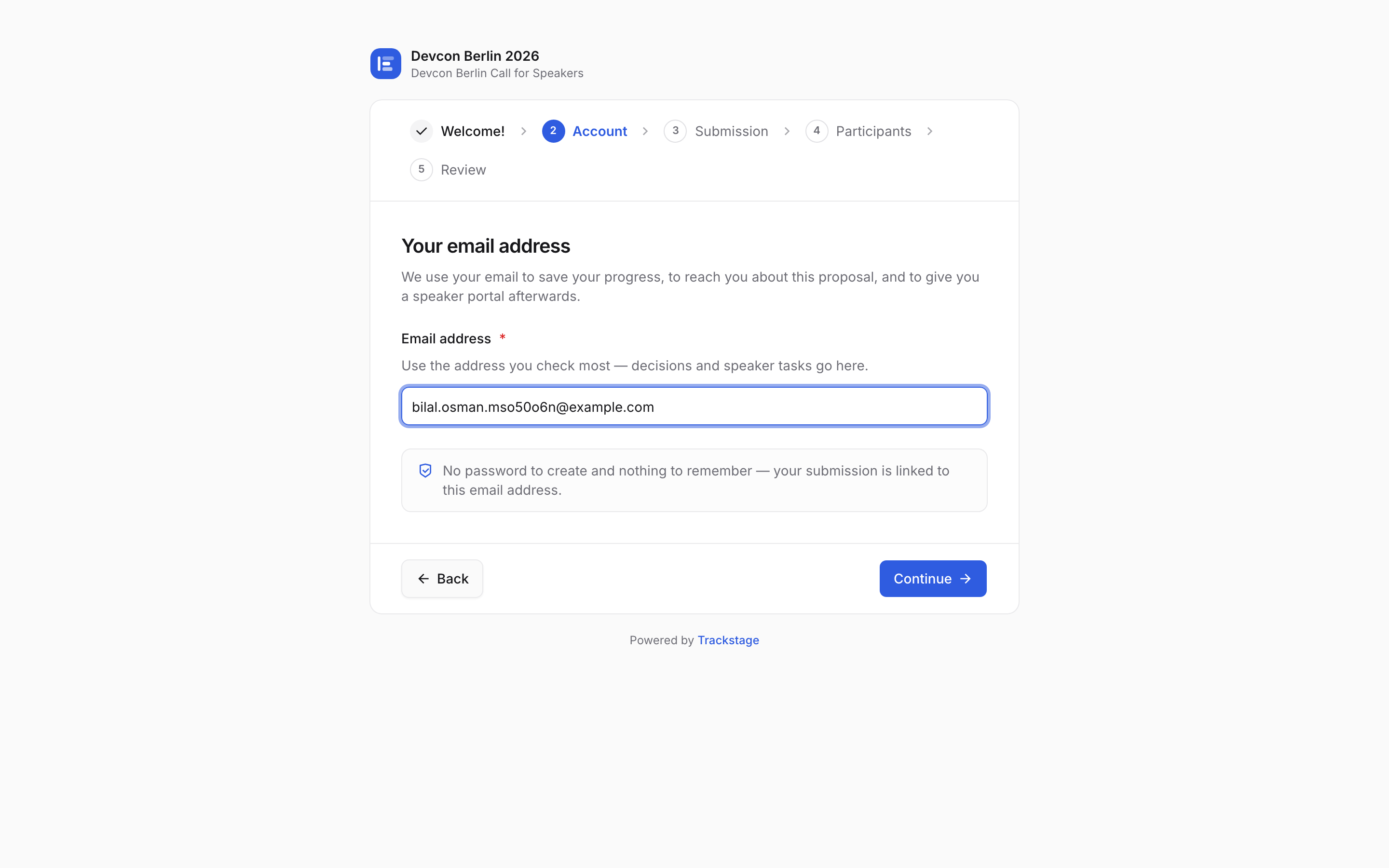 The account step of the public form asking only for an email address