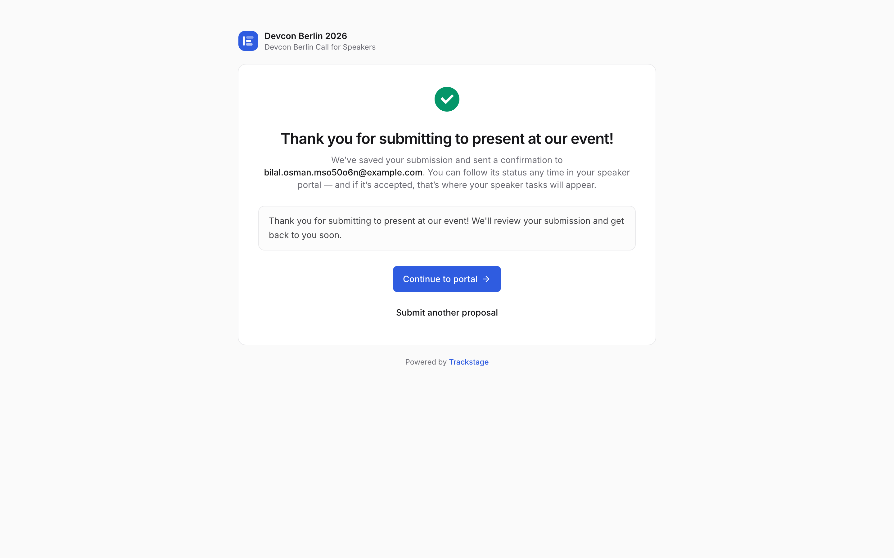 The thank-you screen after submitting, offering a link to the speaker portal