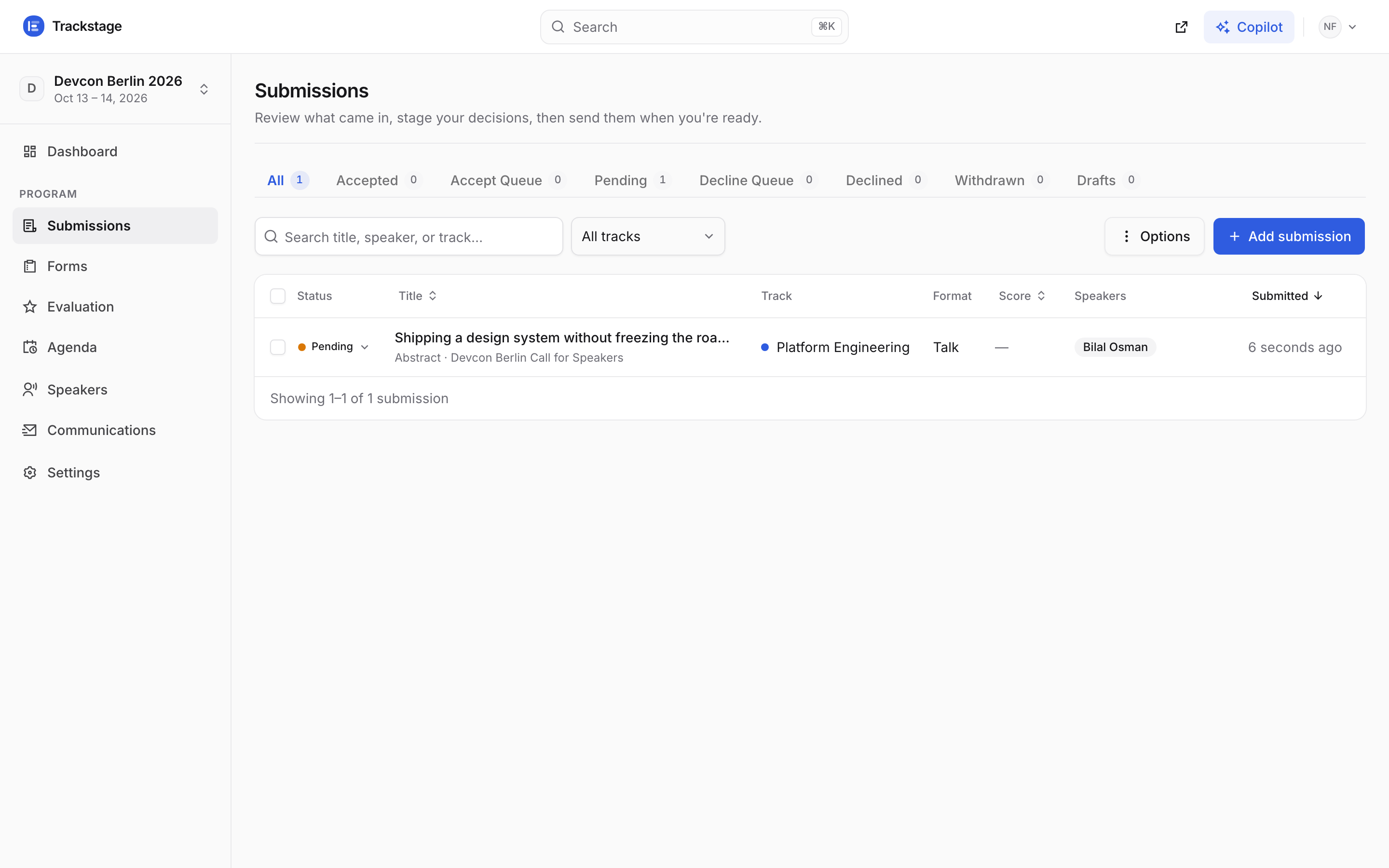 The Devcon Berlin submissions inbox showing the first proposal as Pending
