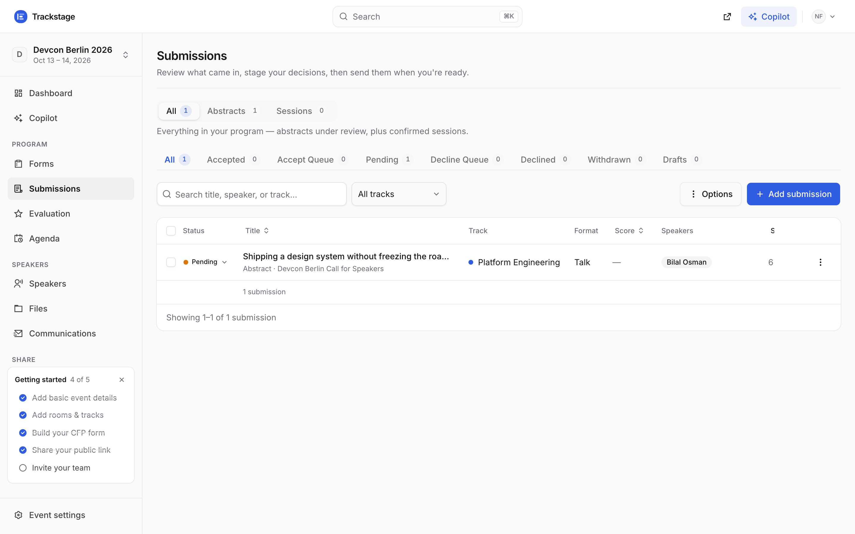The Devcon Berlin submissions inbox showing the first proposal as Pending