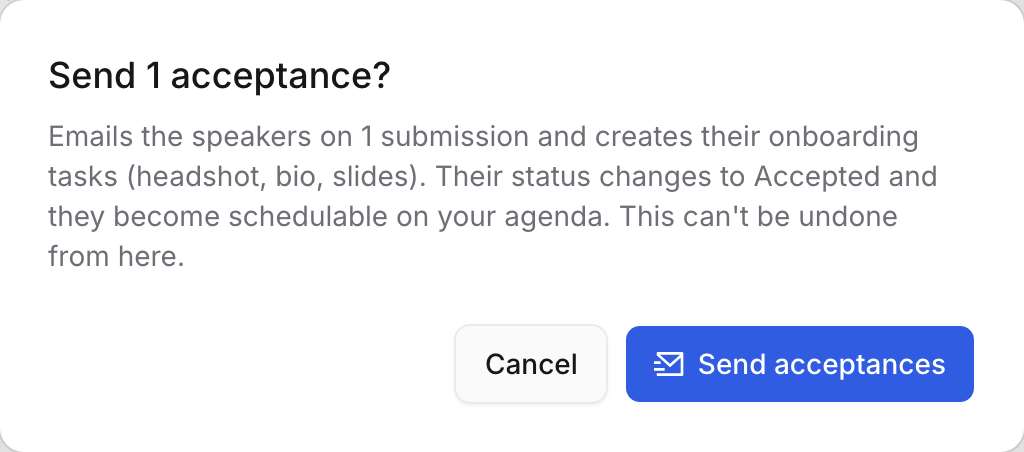 The confirmation dialog before sending the acceptances
