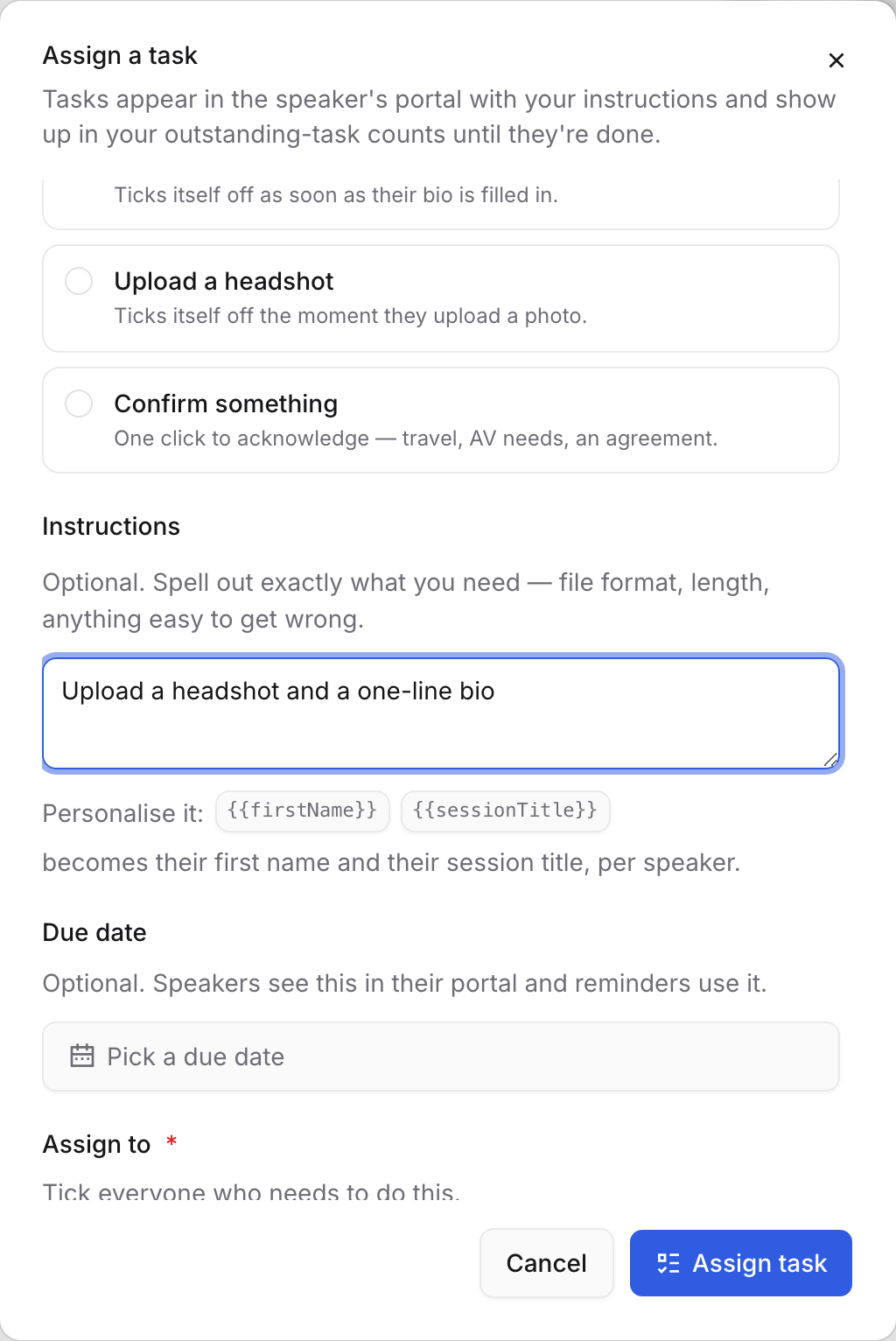 The Assign a task dialog with a title, a task type and a due date
