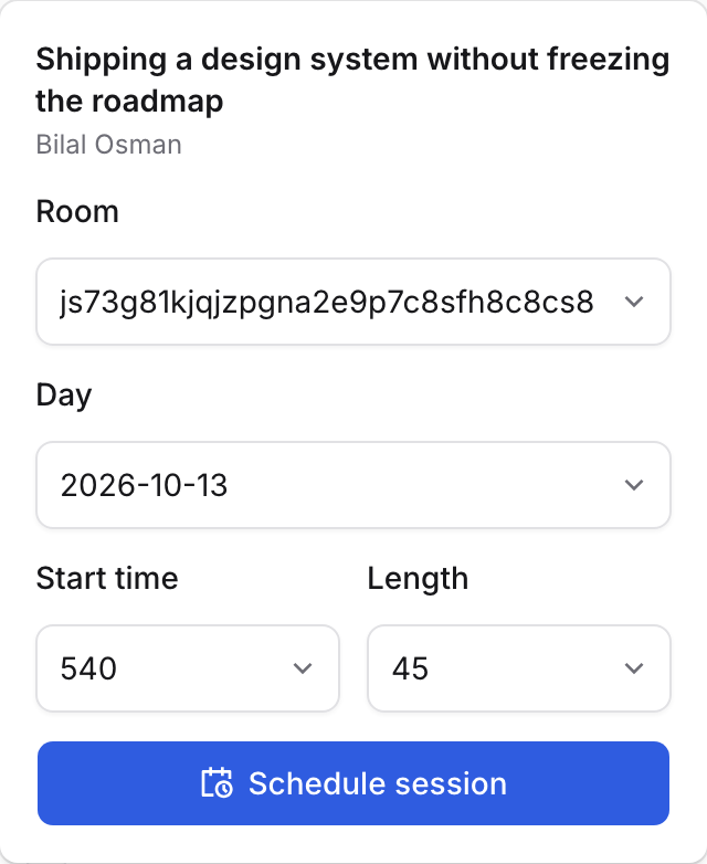 The schedule popover for the talk, with day, room and start-time selects