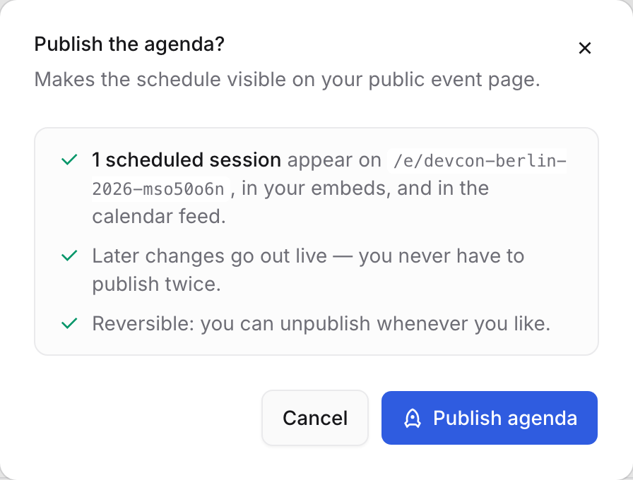 The Publish the agenda dialog naming the public address and the session count