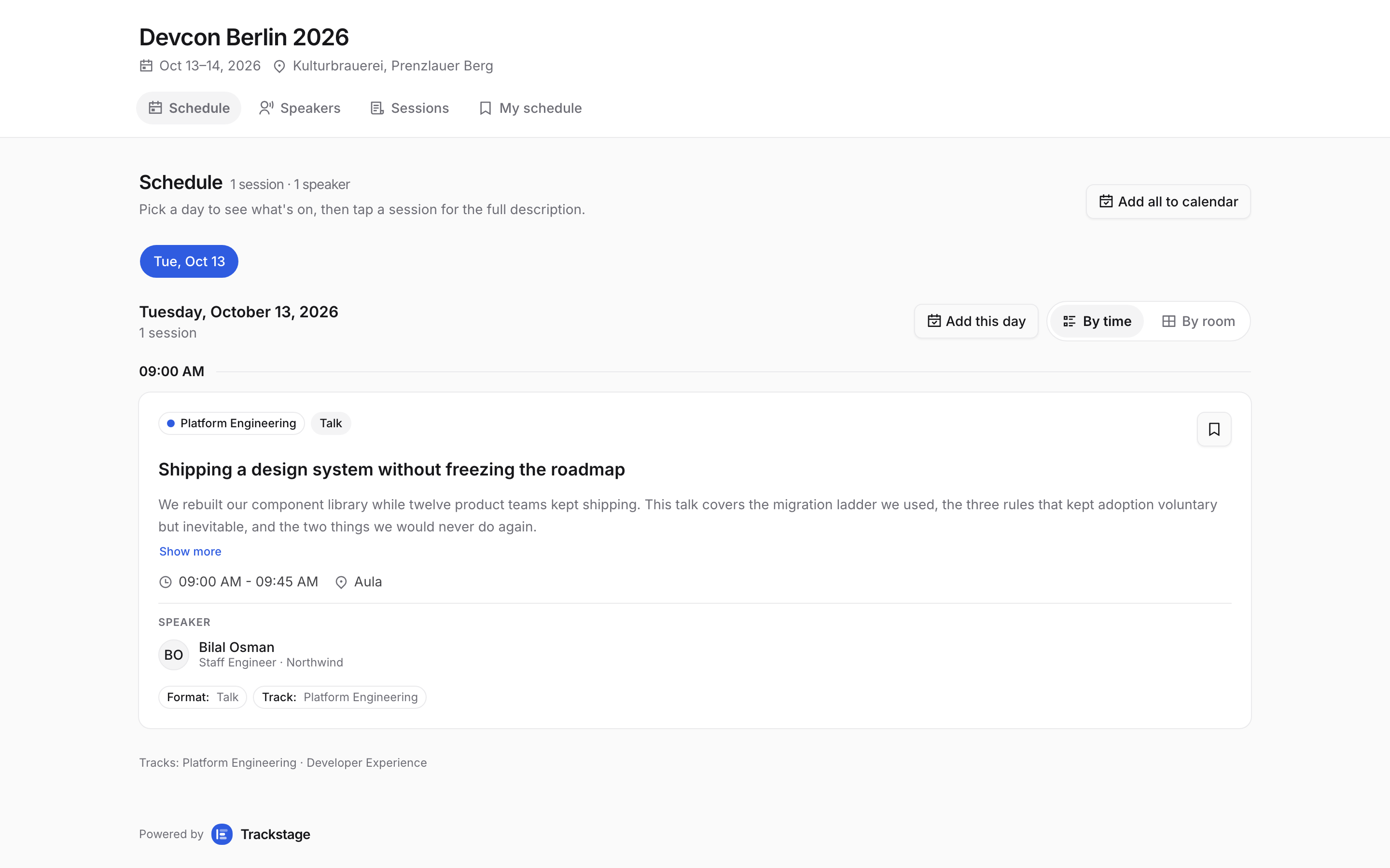 The live public page for Devcon Berlin 2026 showing the published schedule