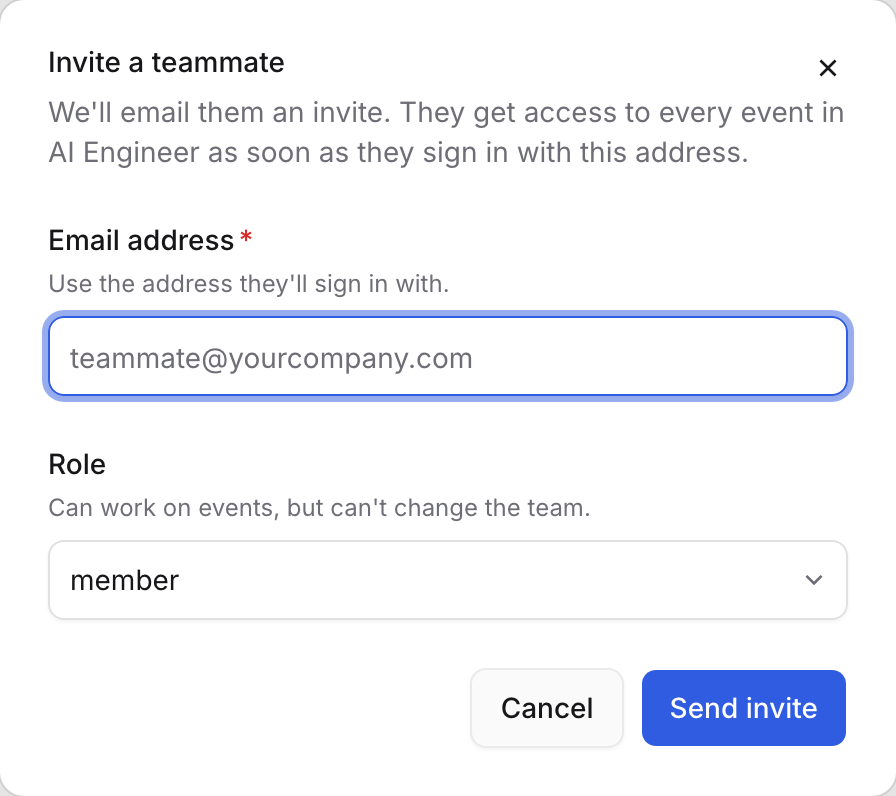 The Invite a teammate dialog with an email field and a role select