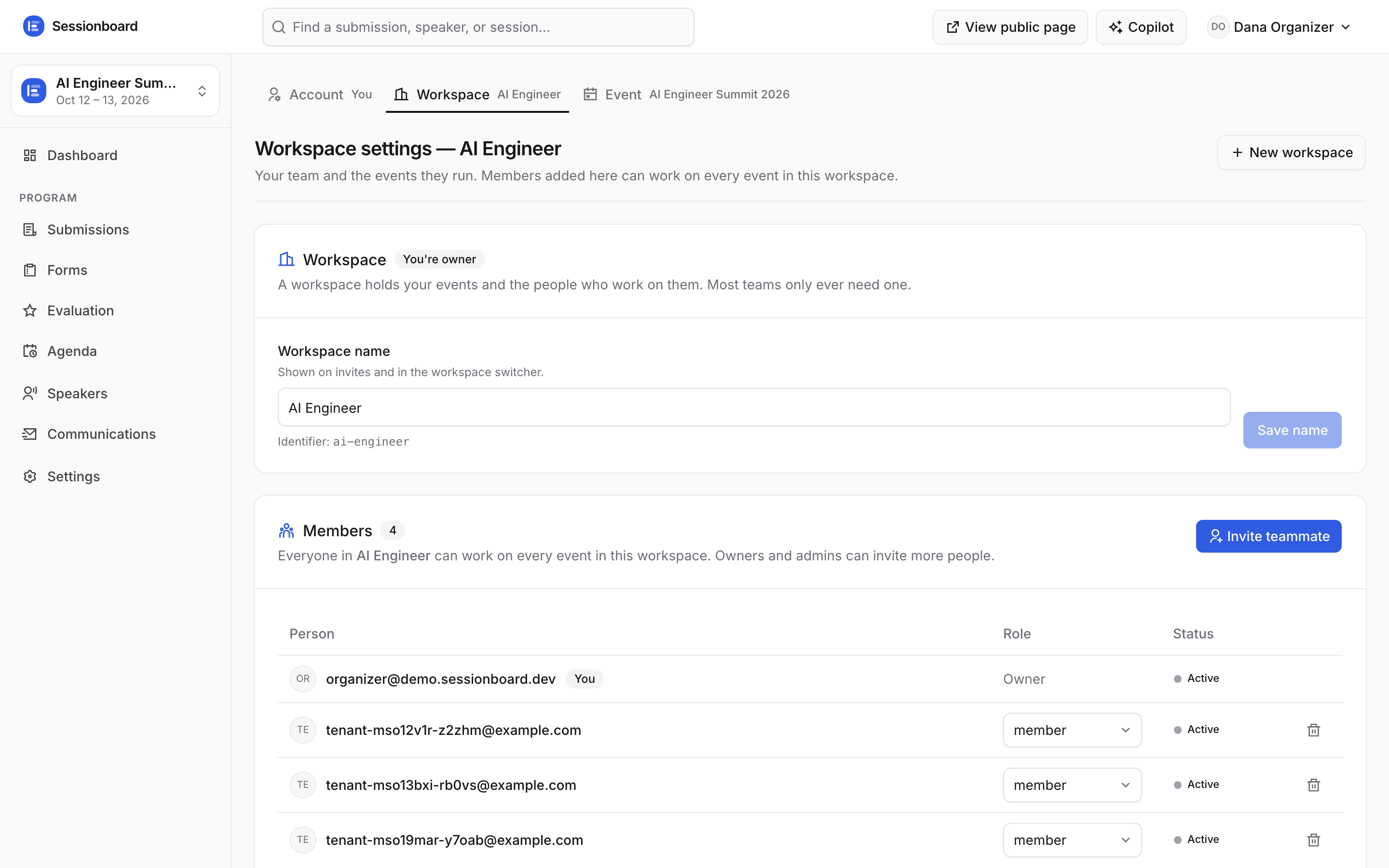 The Workspace settings page with the workspace name, events and members