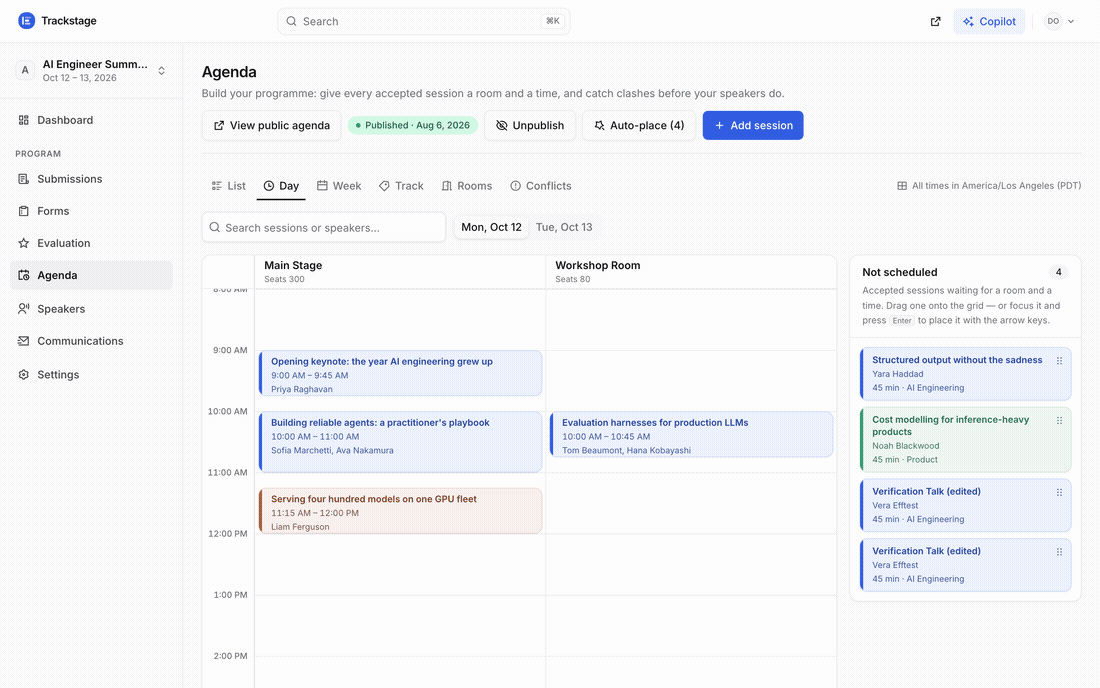 A recording of the agenda: a session is picked up from the day grid, dragged down the Main Stage column and dropped into a new time slot.