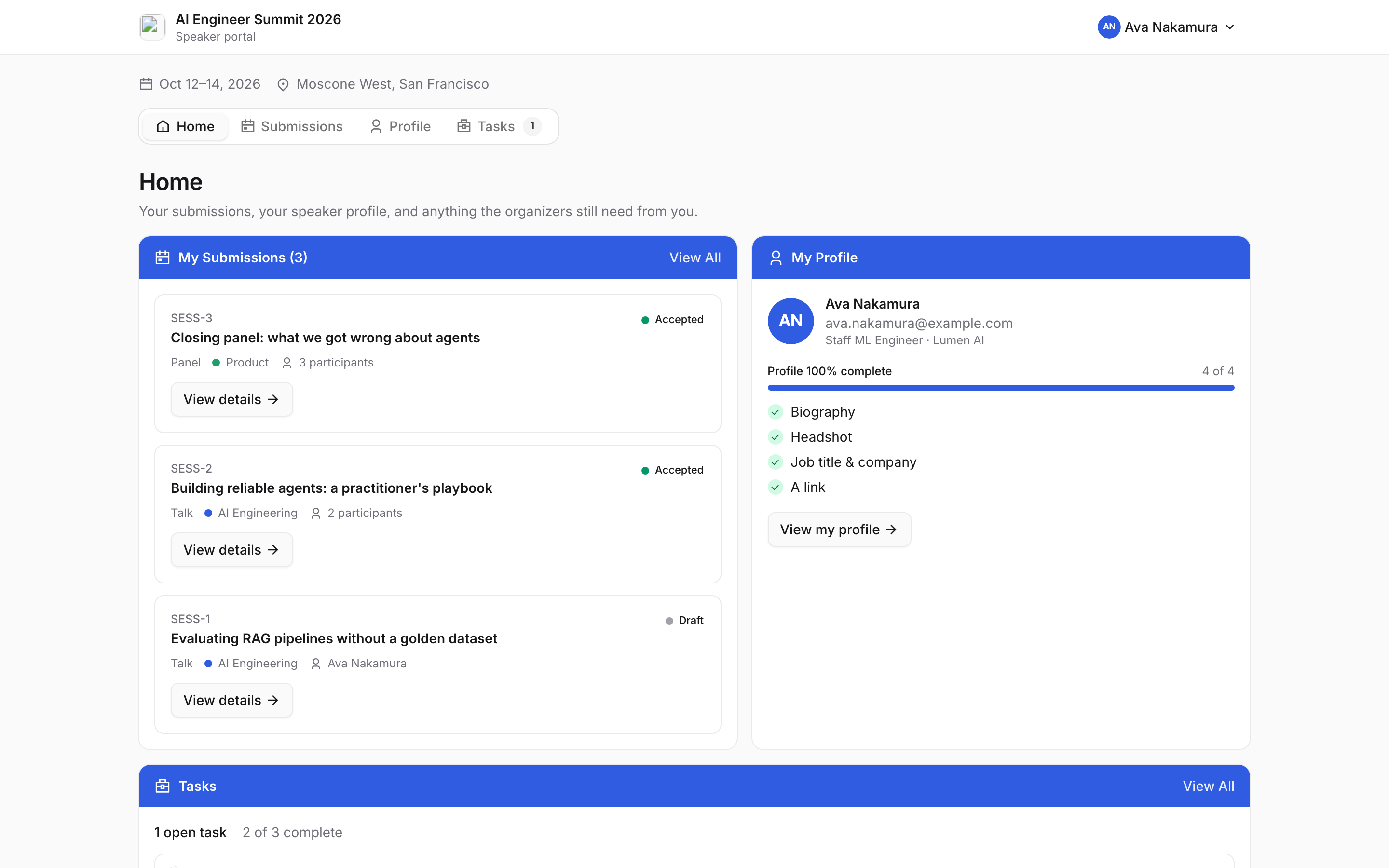 The speaker portal: a speaker's own submissions with their statuses, a profile-completeness checklist, and the tasks they still owe the organizers.
