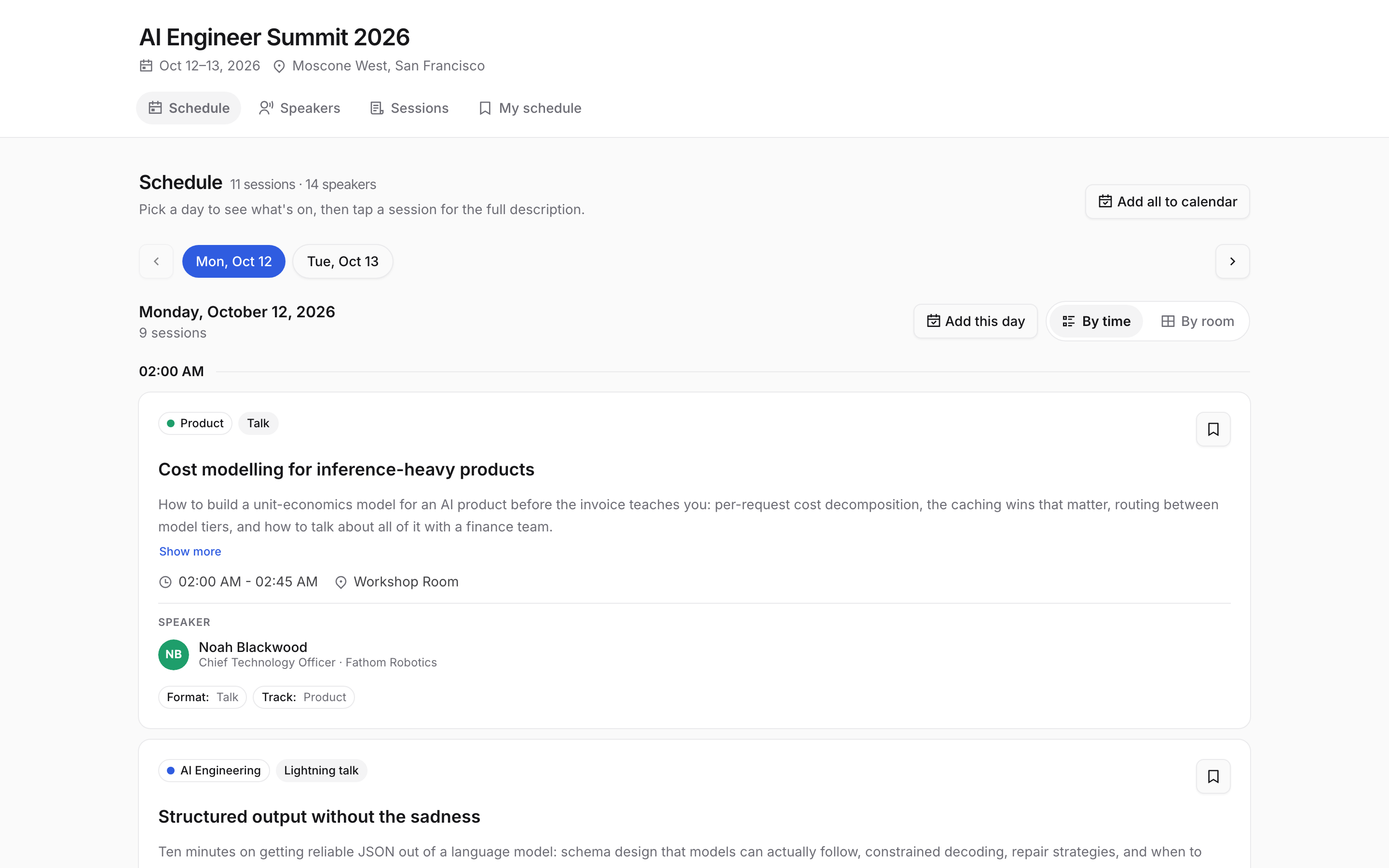 The published public schedule: day tabs, sessions with track and format tags, times, rooms and speakers, and an add-to-calendar action.