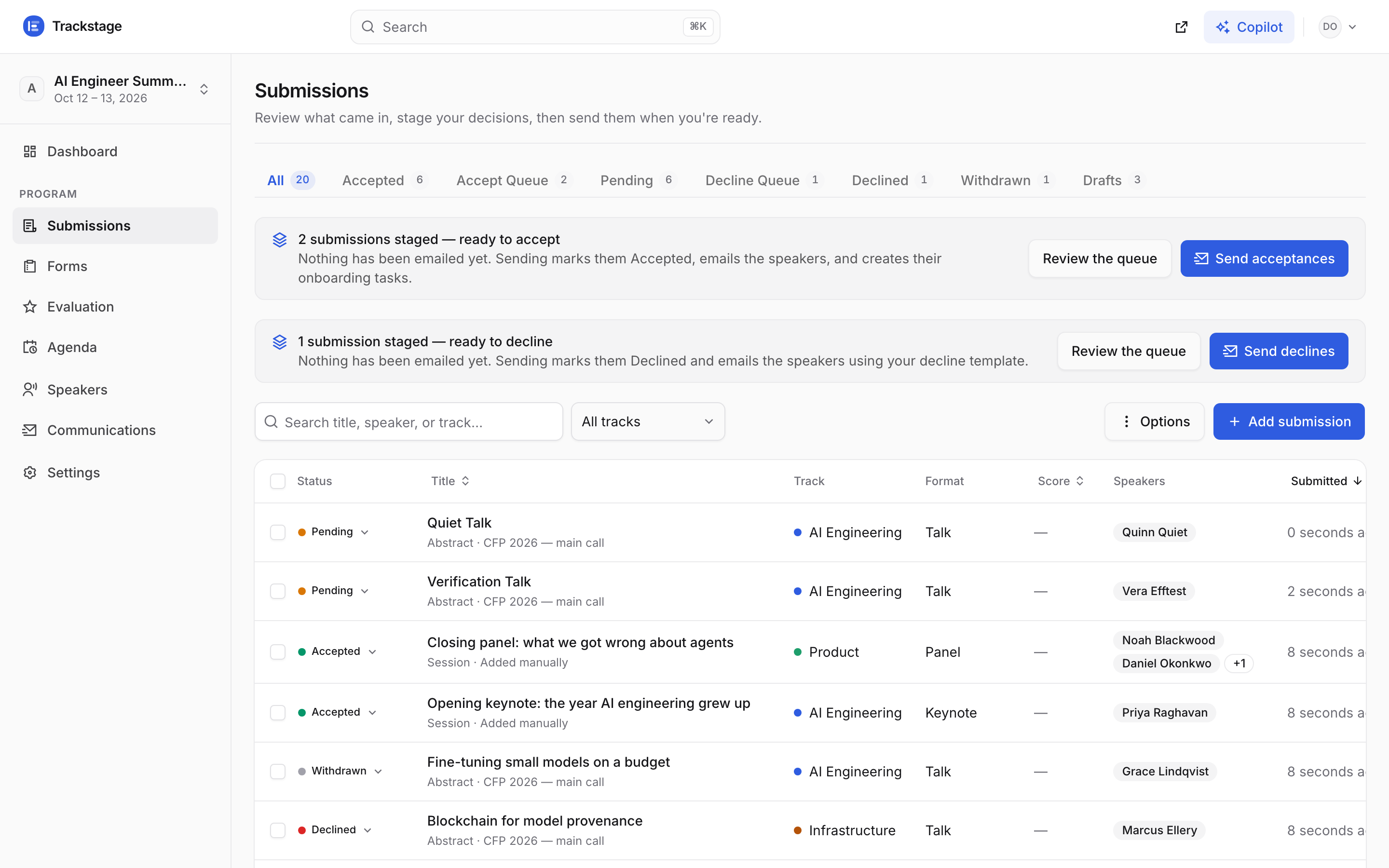 The submissions table: status tabs, staged accept and decline queues waiting to be sent, and every submission with its status, track, format and speakers.